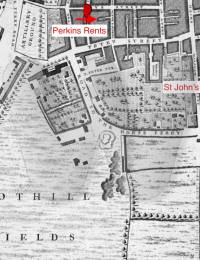 Lawrence Wade - map of crime area (Perkins Rents, Tothill Fields, St John&#039;s Church)